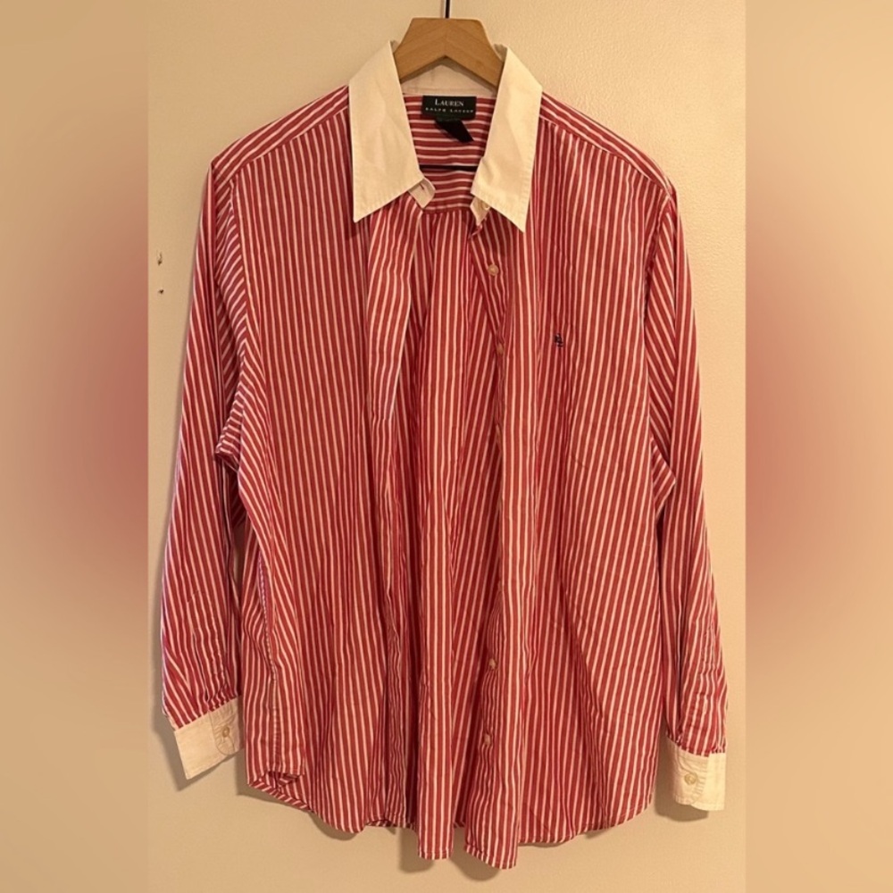 Ralph Lauren Pink and White Striped Dress Shirt with White Contrast Collar